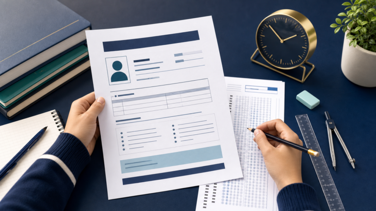 Student reviewing a generic IOQM examination document beside an OMR sheet and mathematics tools