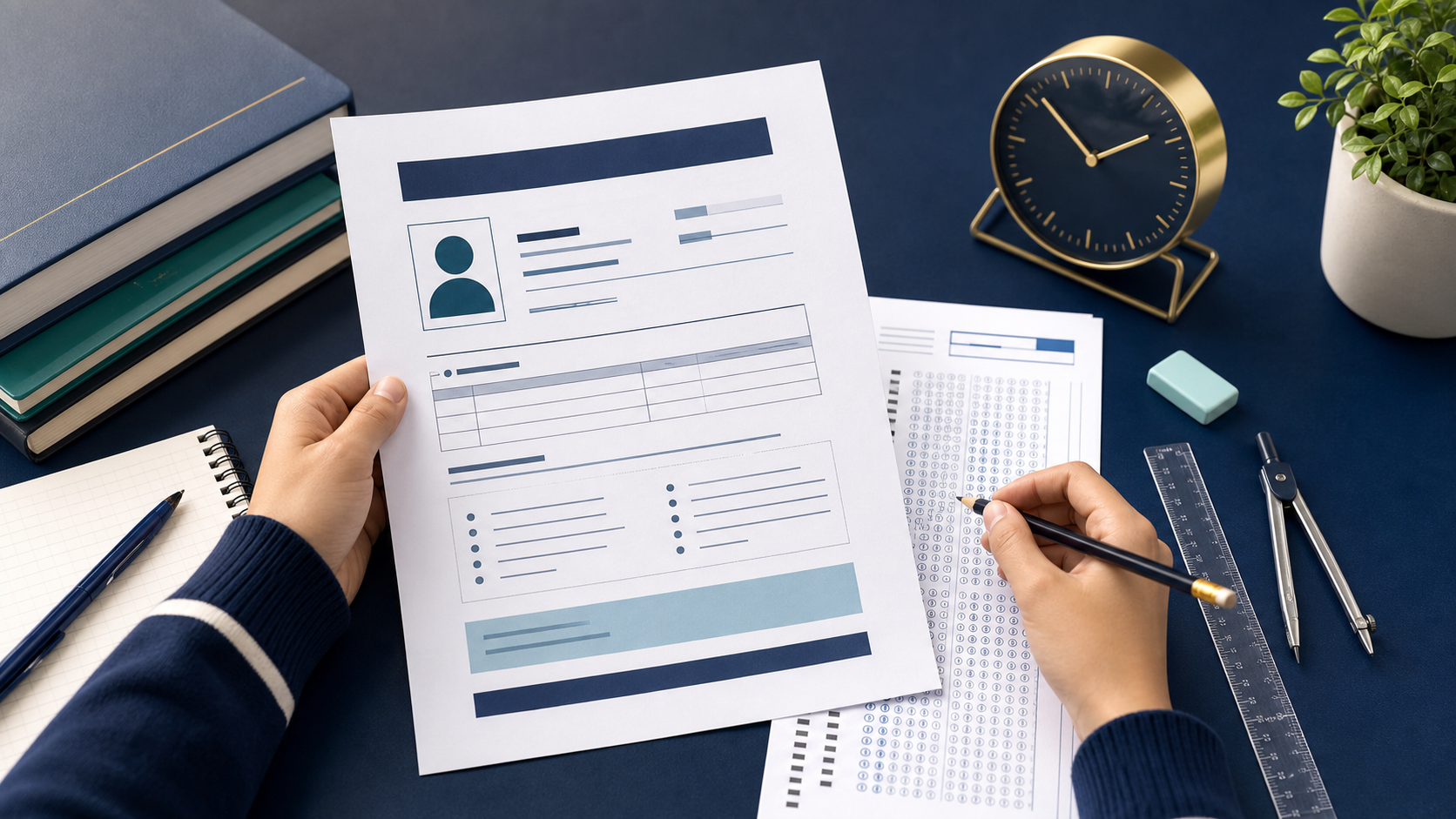 Student reviewing a generic IOQM examination document beside an OMR sheet and mathematics tools